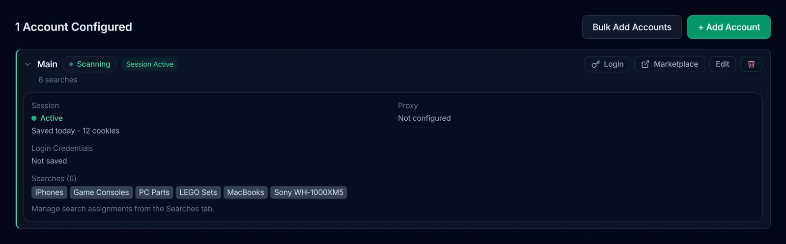 Current Accounts page with a connected Main account and its assigned searches