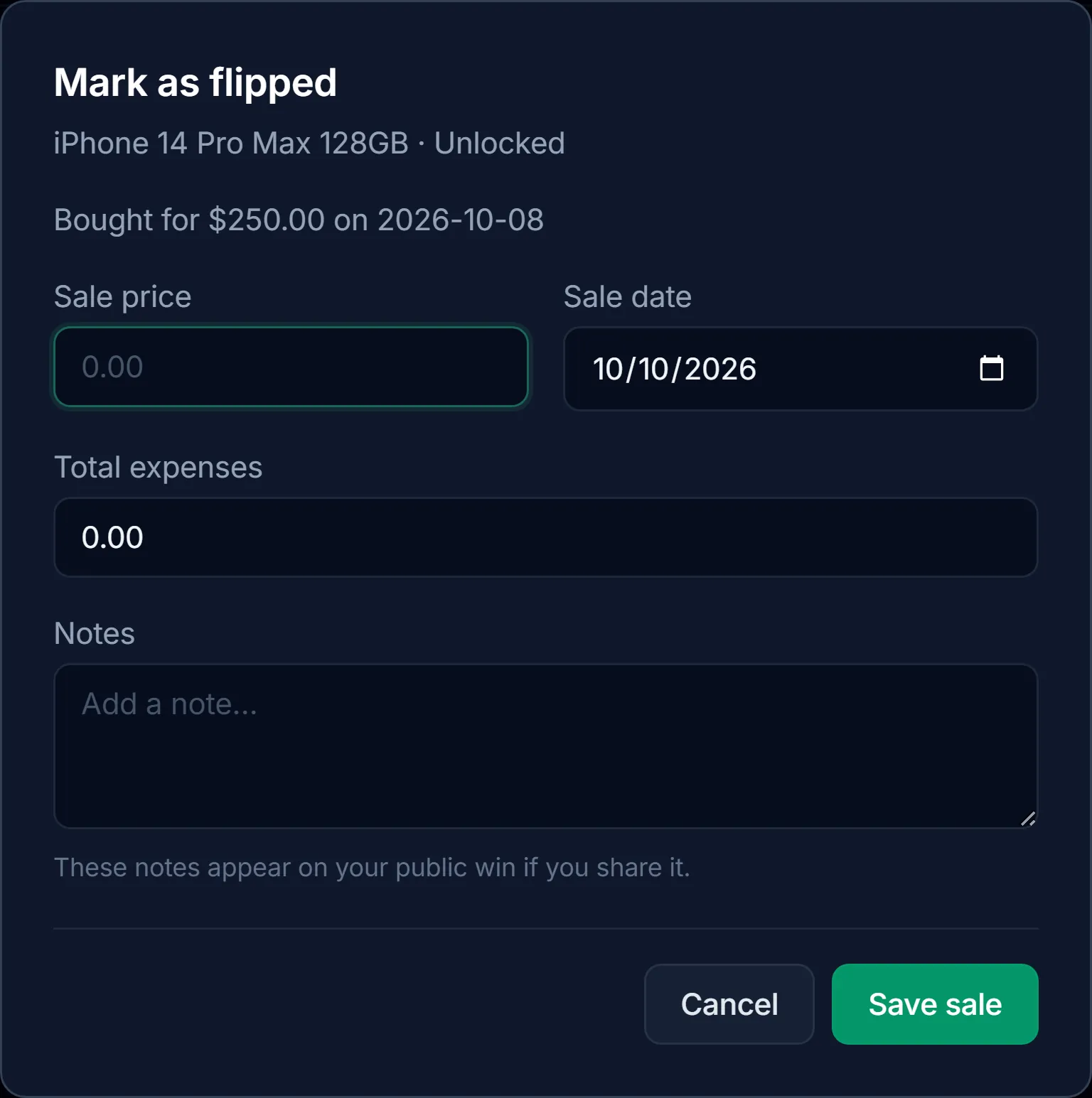Mark as flipped form asking for sale price, sale date, total expenses, and notes
