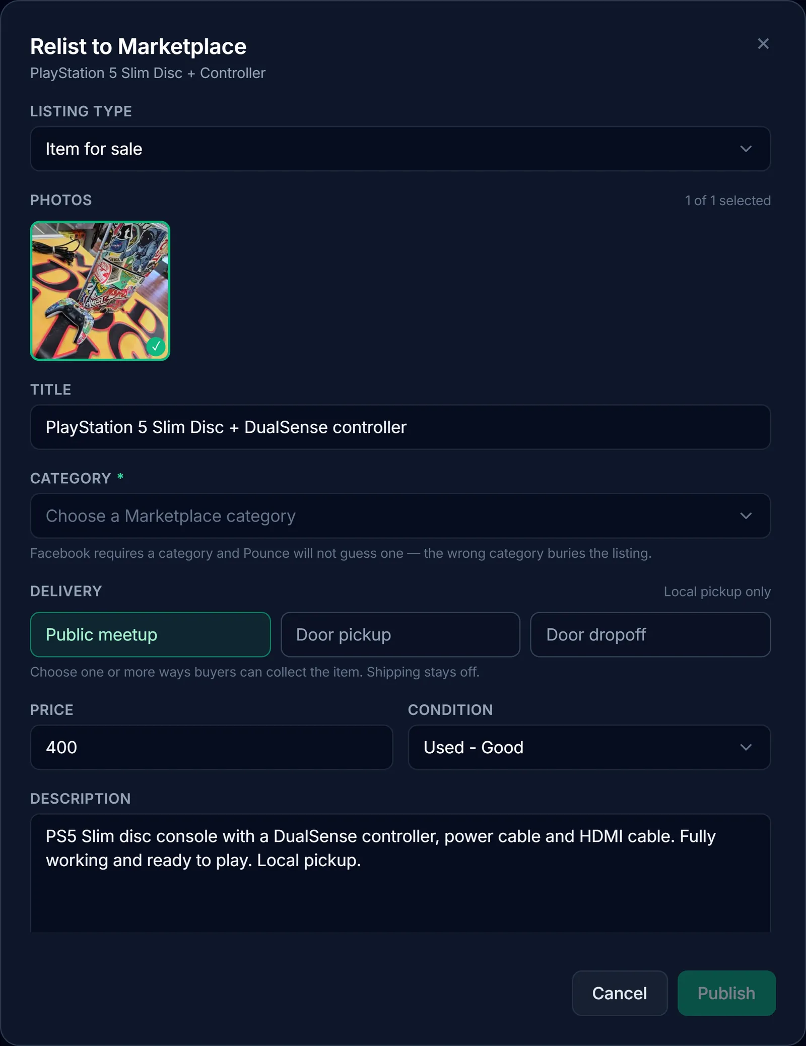 Relist to Marketplace review dialog for a PS5 with photos, category, pickup, and editable listing details