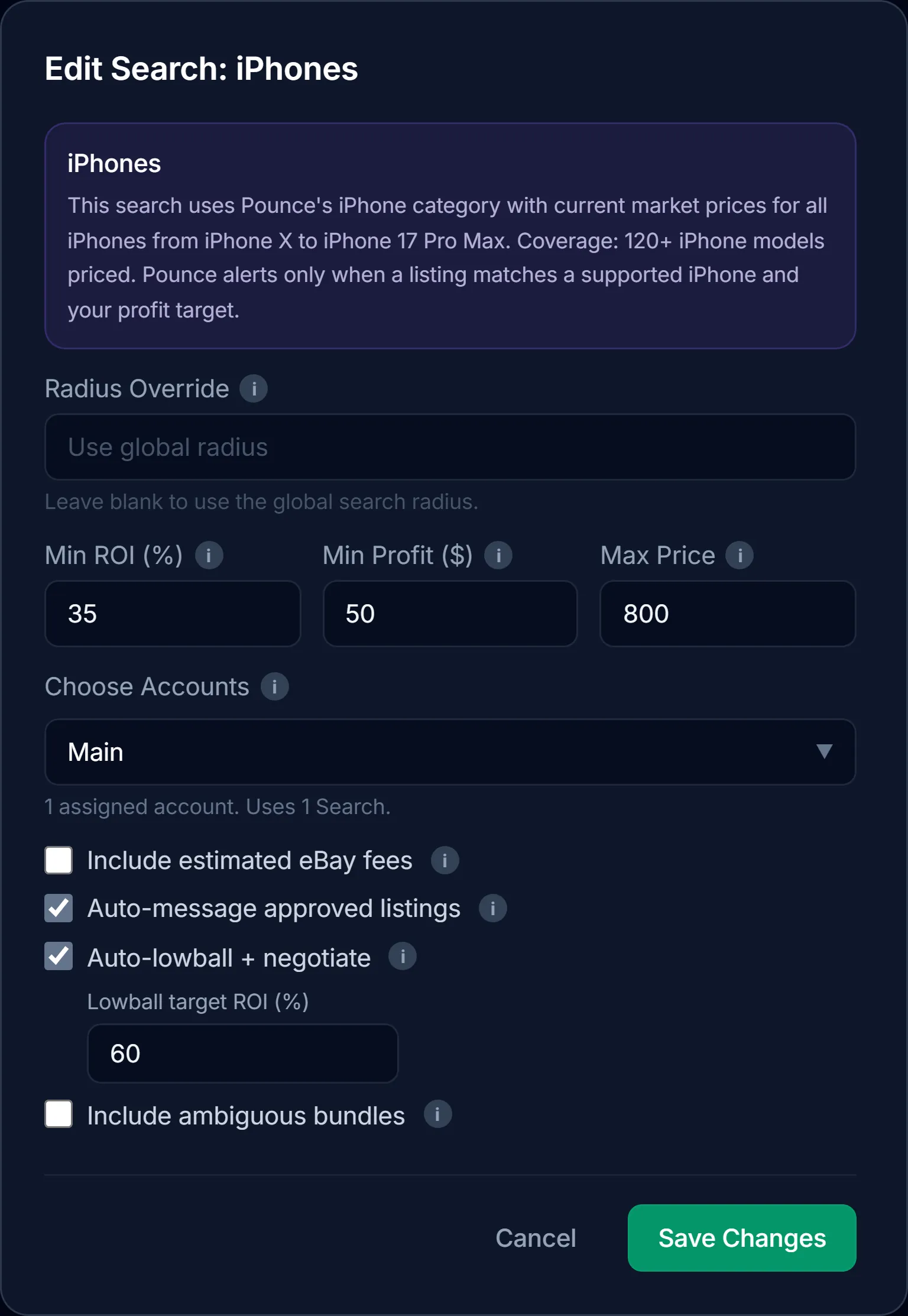Current category search editor with ROI, minimum profit, account assignment, auto-message, and lowball controls