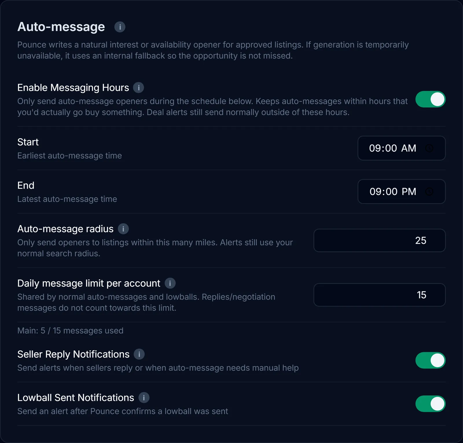 Auto-message settings with messaging hours, radius, daily limit, seller reply notifications, and lowball-sent notifications