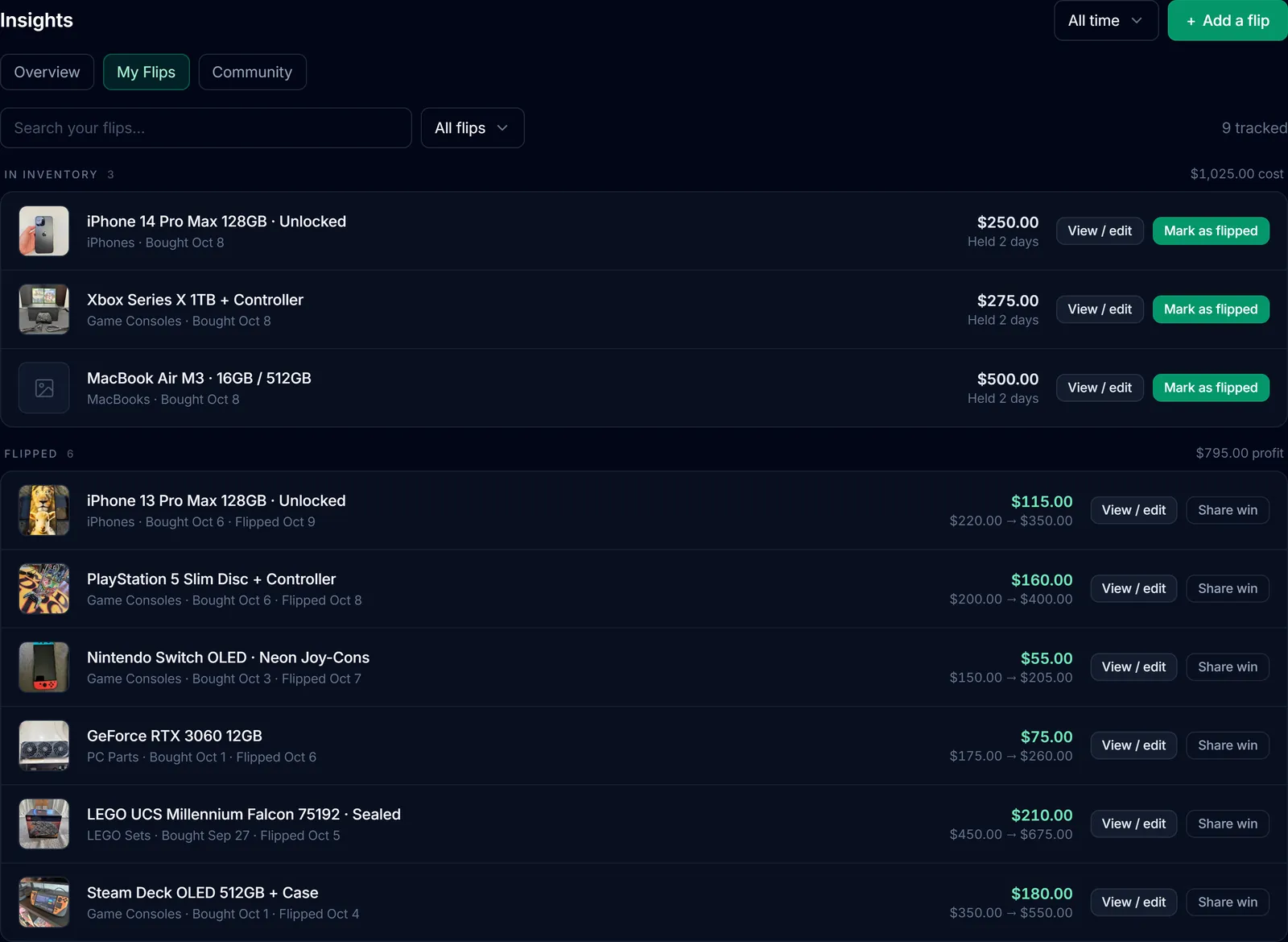 My Flips showing bought inventory, completed sales, and actions to record a sale or share a win